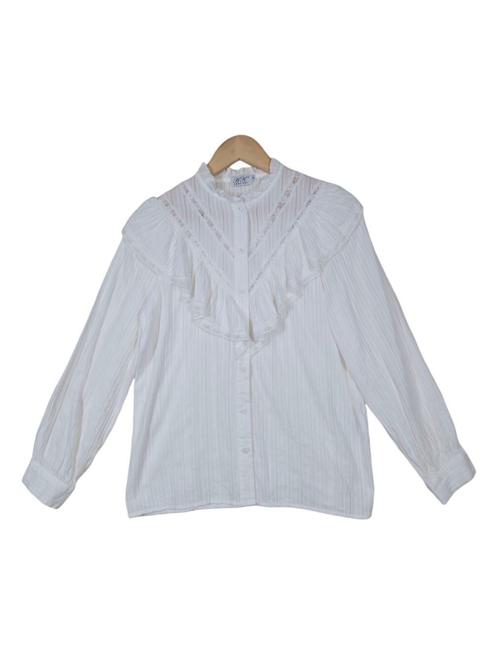 Anna Kay Top S White Button Front Long Sleeve Ruffle Lace Boho Prairie Romantic